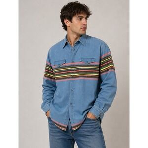 Wrangler Mens Western Shirt Blue Multi Color Stripe Tall Fit 18.5 x 37 V297-001A